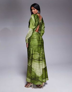 ASOS DESIGN midi-klänning med batwing ärm och knytframsida i grön abstrakt lövtryck