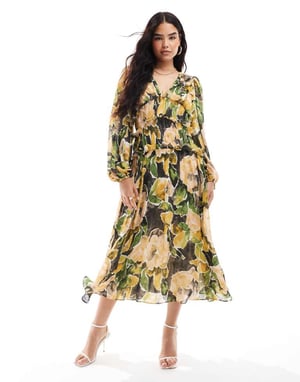 ASOS DESIGN klänning i midi-längd med djup urringning och volanger i strukturerat grönt blommönster
