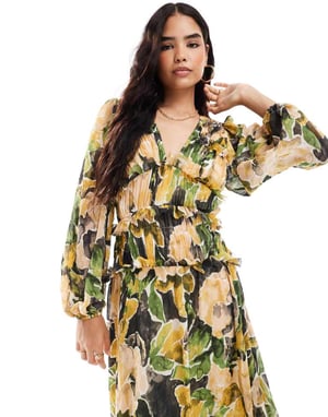 ASOS DESIGN klänning i midi-längd med djup urringning och volanger i strukturerat grönt blommönster