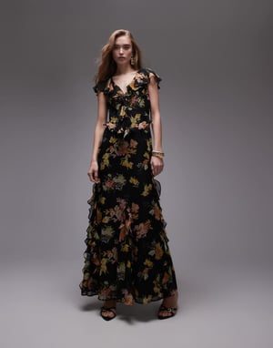 Topshop fladdrande ärm rynkad fest midi klänning i svart bas med blommor