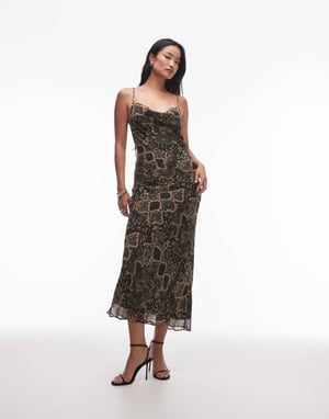 Topshop twistback cowl neck midi klänning i ormtryck