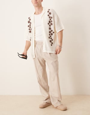 ASOS DESIGN smart wide leg linen blend trousers with front pleat in stone