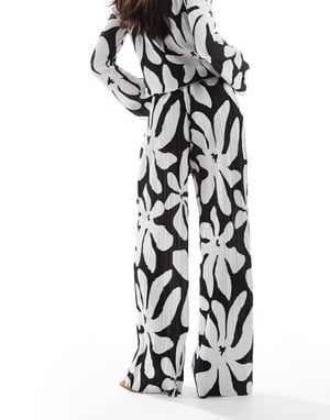 Vero Moda high waist wide leg plisse trouser co-ord in monochrome floral print