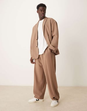 ASOS DESIGN soft tailored wide suit trousers in brown seersucker