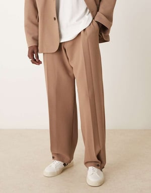 ASOS DESIGN soft tailored wide suit trousers in brown seersucker