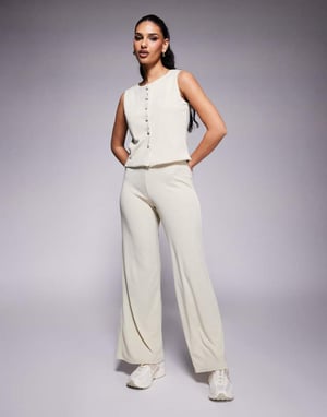 ASOS DESIGN co-ord rib wide leg trouser in stone