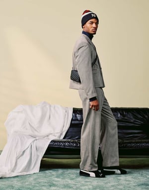 ASOS DESIGN wide leg suit trousers in stone textured herringbone with elasticated waist