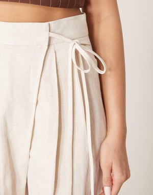ASOS DESIGN linen tie front wide leg trousers in stone