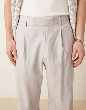 ASOS DESIGN smart wide leg linen blend trousers with front pleat in light grey