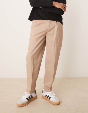 ASOS DESIGN smart oversized tapered byxor i 100% bomull med sidjusteringar i ljus sten