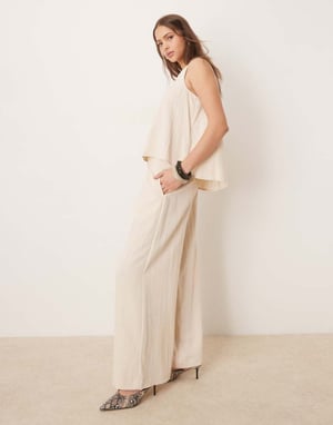 ASOS DESIGN micro pleat front wide leg trousers co-ord in buttermilk