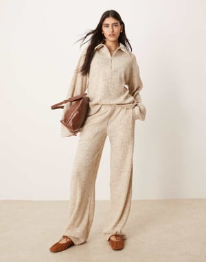 ASOS DESIGN brushed rib co-ord wide leg jogger in cream