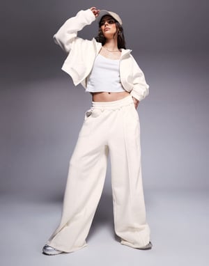 Weekend Collective co-ord wide leg seamed joggers with embroidered logo in cream