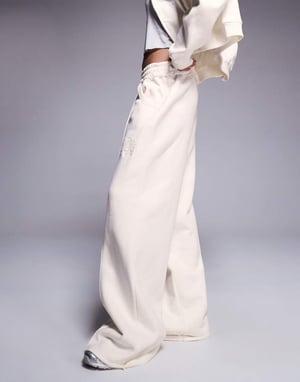 Weekend Collective co-ord wide leg seamed joggers with embroidered logo in cream