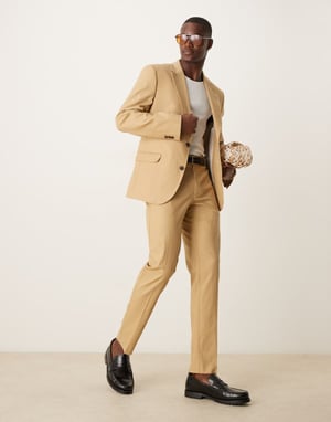 ASOS DESIGN linen blend slim suit trousers in beige