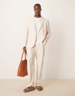 ASOS DESIGN linen cotton blend straight suit trousers in stone twill