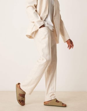 ASOS DESIGN linen cotton blend straight suit trousers in stone twill