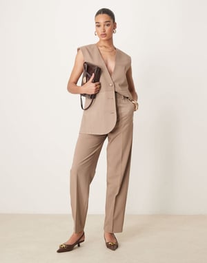 ASOS DESIGN tailored mixed fabric straight leg trousers co-ord in mocha - BROWN