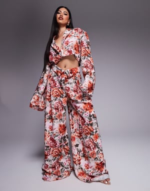 ASOS LUXE co-ord linen look tailored wide leg trouser in tapestry floral print