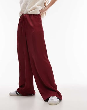 Topshop satinband midja vida benbyxor i burgund 