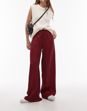 Topshop satinband midja vida benbyxor i burgund 