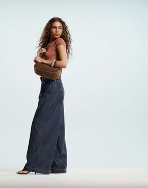Wrangler co-ord denim pleated wide leg trouser in dark blue