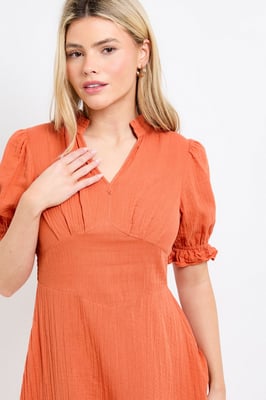 Petite Orange Lace Trim V Neck Puff Sleeve Midi Dress