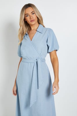 Volume Sleeve Wrap Midi Denim Dress