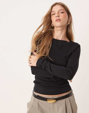 Gina Tricot jersey ribb rundhalsad långärmad topp i svart