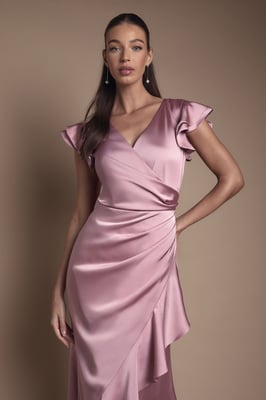 Wrap Front Frill Hem Cap Sleeve Bridesmaid Dress