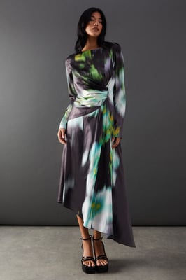 Printed Satin Knot Front Asymmetric Hem Midi Dress