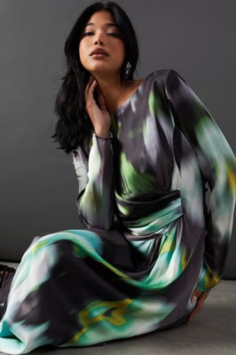 Printed Satin Knot Front Asymmetric Hem Midi Dress