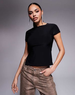 Kaiia exclusive double layered slinky cap sleeve side split top in black