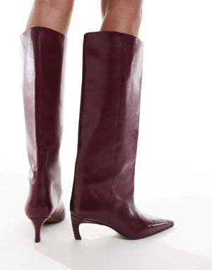 ASOS DESIGN Cleona premium läder kittenheels knähöga stövlar i bourgogne läder