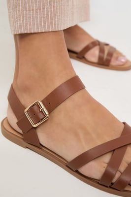 Wide Fit Axela Faux Leather Cross Strap Padded Flat Sandals