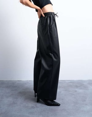 Topshop drawstring pull on faux leather straight leg trouser in black