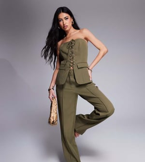 Kaiia exclusive straight leg front seam trousers co-ord in khaki