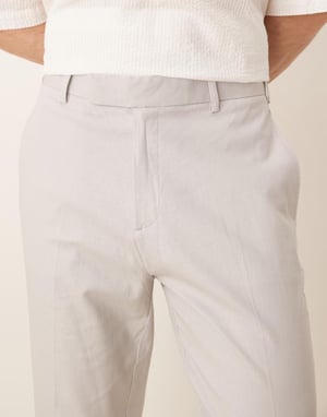 ASOS DESIGN smart tapered fit linen blend trousers in light grey with turnups