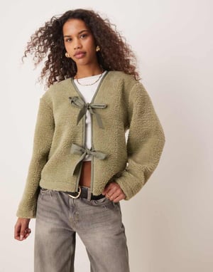 ASOS DESIGN borg jacket with bow tie details in sage green