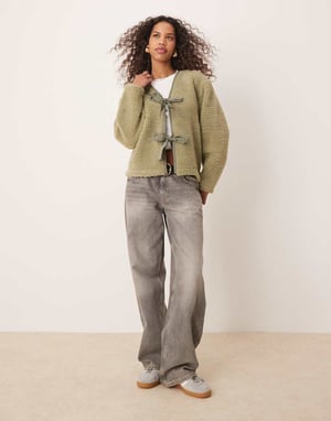 ASOS DESIGN borg jacket with bow tie details in sage green