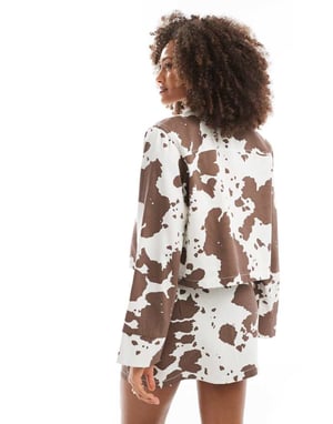 Pieces boxy denim jacket co-ord in brown cow print