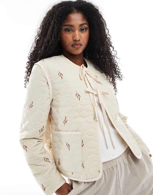 Vero Moda tie front quilted jacket in cream
