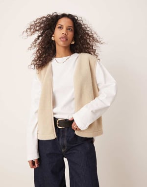 ASOS DESIGN borg gilet with binding in stone
