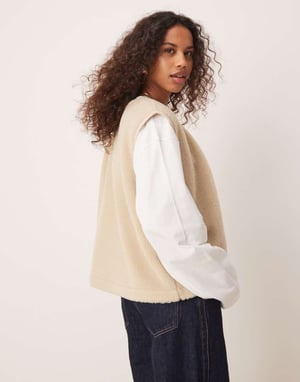 ASOS DESIGN borg gilet with binding in stone