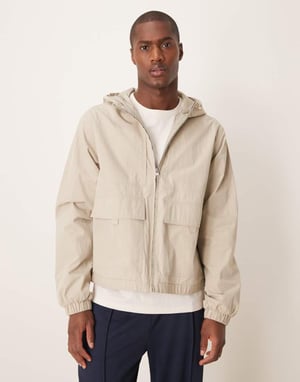 ASOS DESIGN windbreaker jacket with hood in stone
