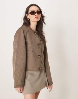 ASOS DESIGN collarless faux suede jacket in mushroom
