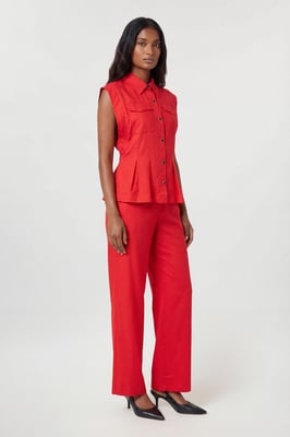 Premium Viscose Linen Topstitch Woven Blouse With Waist Seam Detail
