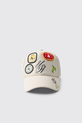 Printed Cap With Applique Patches & Contrast Visor