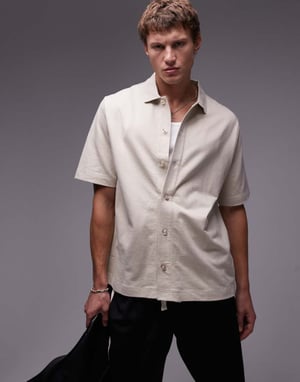 Topman kort passform tryckknappad jersey skjorta i sten