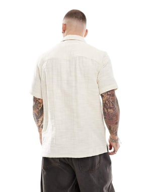 Farah fleet short sleeve revere collared shirt in off white with embossed check design